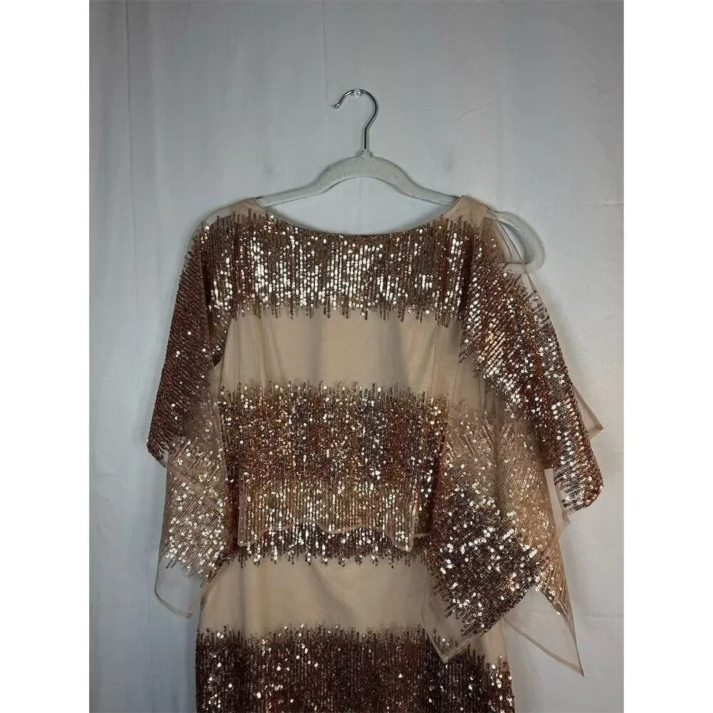 Belle Badgley Mischka Dress Womens 6 Beige Sequin Stripe Sheer Cape Cocktail - Picture 4 of 16